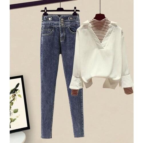 Ladies two-piece new fake two-piece shirt jeans suit women 2020 plus size womens two-piece suit