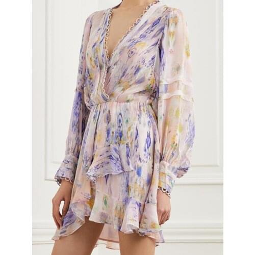 2021 Summer Womens Ruffles Dress Blooming Printing Deep V Irregular Long Sleeve Female Mini Dresses
