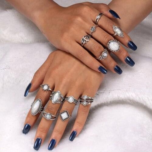 13pcs/Sets New Bohemian Opal Knuckle Rings Set For Women Geometric Pattern Flower Rings Party Punk Female Ring Set Jewelry