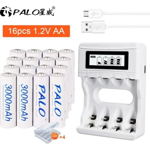 PALO 16pcs AA rechargeable battery NI-MH 1.2V 3000mAh+4 slots Intelligent battery charger LCD aa charger for aa/aaa battery