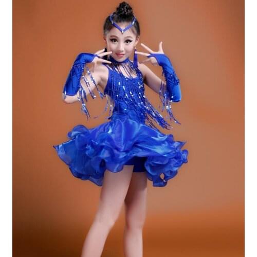 2019 Girls Blue Red Professional Latin dancing dress Kids Ballroom Salsa Dance wear Outfits Childrens Party Stage wear costumes