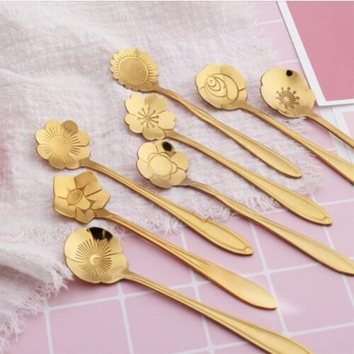 50pcs/lot beautiful flower style small dessert tea spoon stainless steel gold coffee spoon honey mixing spoon