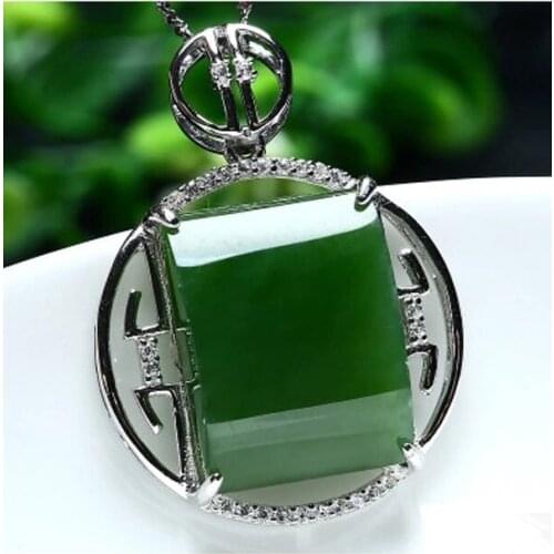 925 silver Natural Green HeTian Yu Unique Design Dangle Lucky Pendant Necklace + certificate Fashion Jewelry for woman
