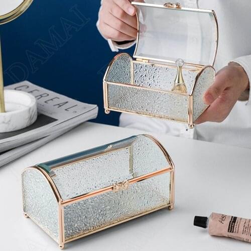 European Mirror Glass Storage Box Gilded Stroke Relief Cosmetic Container Bedroom Jewelry Organizer Home Decoration Modern