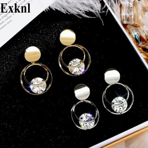 Exknl Round Fashion Dangle Earrings for Women Korean Rhinestone Crystal Drop Earrings Women Jewelry 2020 Christmas Gifts New