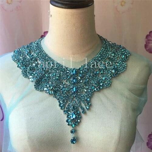Neck Lace Design Mia083# Lake Blue Color Hand Made Stone Beads Tulle Accessory For Saw Wedding Bridal Dress/ Fashion Designer