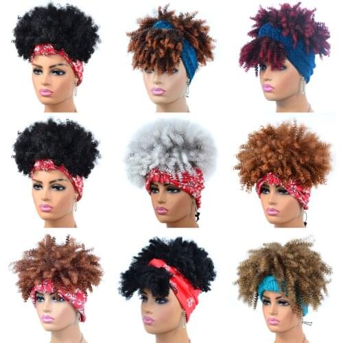LVHAN Headband Wig Synthetic Wrap Wig Linked Turban Afro Kinky Curly Hair Wig Brazilian Remy Wigs for Women Turban Wrap W