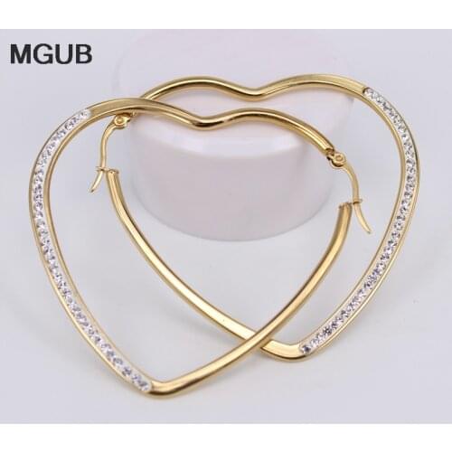 MGUB High quality crystal Stainless steel jewelry gold Color Heart-shaped Hoop Earrings Women Accessories Wholesale JX25