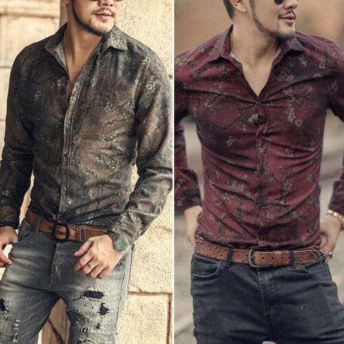 Mens Shirt Tops Work Lapel Collar Blouse Shirt Tops Slim Fit Tee Printed