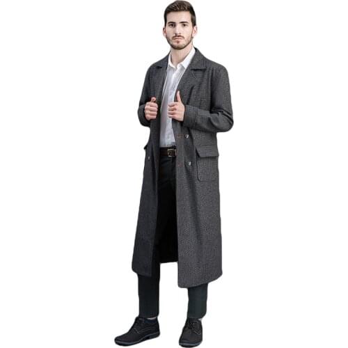 Run Large Size M Men Lapel Collar Double Breasted Wool Blend Overcoat British Style Slim Fit Long Coat Outwear Male Checks One