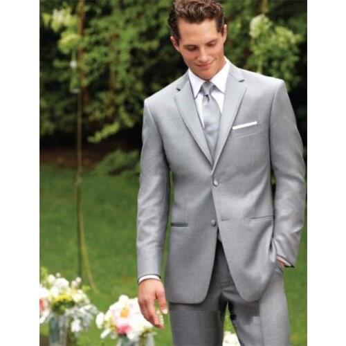 High Quality Two Buttons Light Grey Groom Tuxedos Notch Lapel Groomsmen Men Wedding Tuxedos Prom Suits (Jacket+Pants+Vest+Tie)