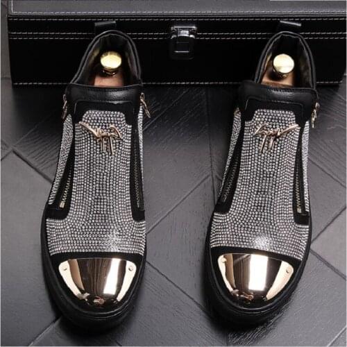 New Black Silver Shining Luxury Rhinestone Zip Men Sneakers Punk Flats Male Ankle Boots Zapatillas Hombre