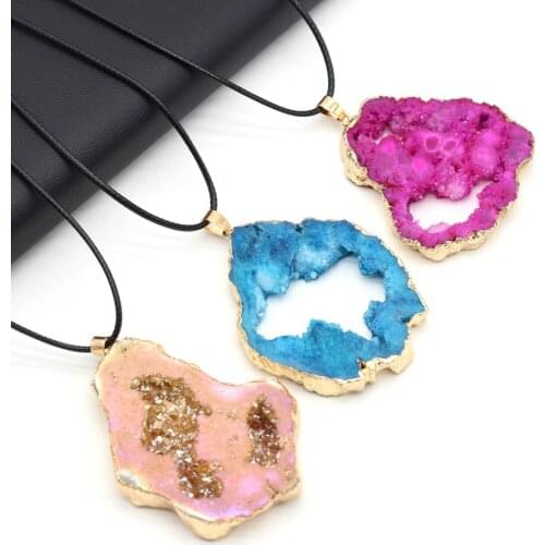 Natural Druzy Agates Pendant Necklace Plating Golded Irregural Pendant Necklace for Jewelry Making DIY 40x30x6mm-50x30x6mm