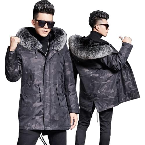 DK Natural Crescent Mink Lining Fur Parkas Camouflage Men Winter Real Silver Fox Collar Hooded Clothing Casual Fur Jackets