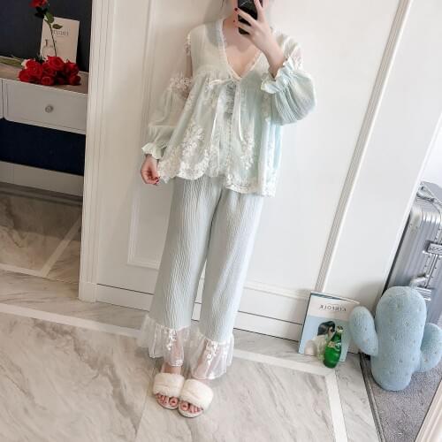 Pajamas Women Pajamas Set 3 pcs Cotton Lace Pajamas set Long sleeve Sleepwear White Pink Green Pruple