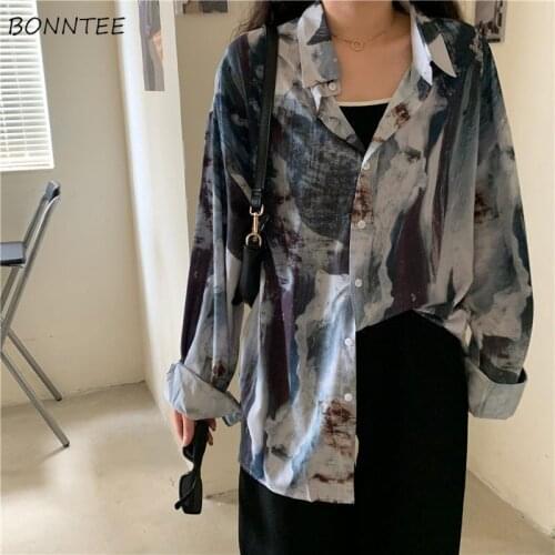 Ink Wash Shirts Women Elegant Chinese Style Vintage Loose Leisure All-match Spring Autumn Female Top Baggy Streetwear Popular