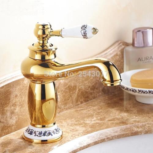 Bathroom Mixer Tap Ceramic Golden Finish Basin Sink Mixer Faucet Hot and Cold Water Tap ZR411