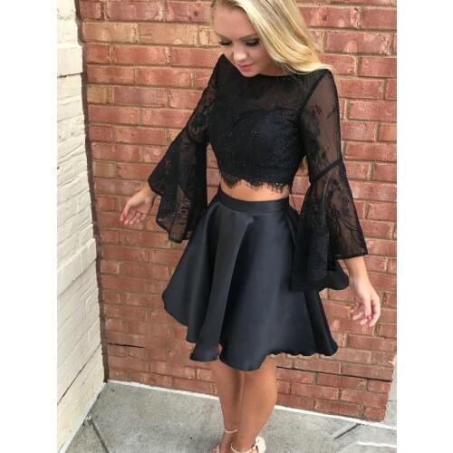 Modern Twp Piece Black Homecoming Dresses Lace Long Sleeves Scoop Open Back Short Party Cocktail Dresses Custom Made