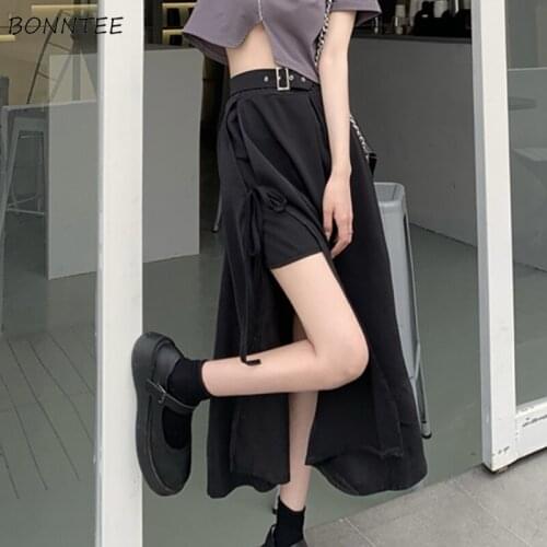 Harajuku Skirts Women Asymmetrical Summer Korean Style Sashes Mid-calf Empire Streetwear Fashion Female Cool Solid Cozy Baggy