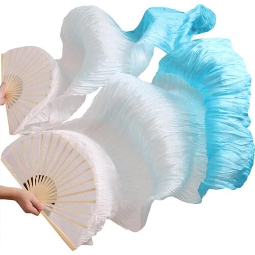 2016 female high quality Chinese silk veils dance fans Pair of belly dancing fans cheap hot sale White+light turquoise+turquoise