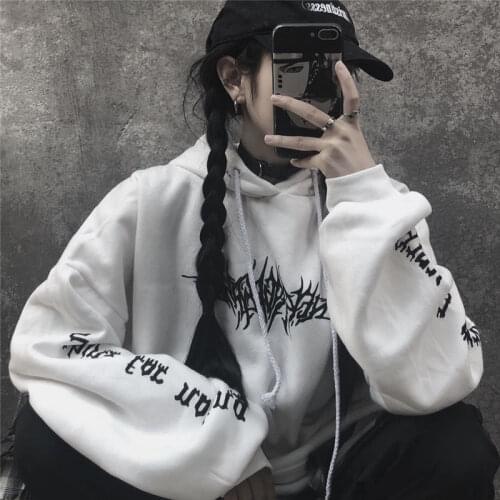 Women Loose Streetwear Black Sweatshirt Gothic Hoodies Sexy Print Hoodies Fashion Moletom Long Sleeve Hoodie Women Tops Clothes