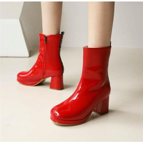 YMECHIC Concise Patent Leather Side Zip Ankle Boots for Women Short Plush Inside Winter 2021 Fashion Party Shoes Drop Shipping
