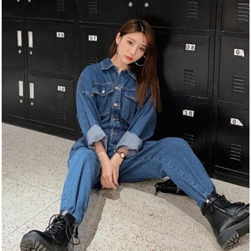 2021 Spring Autumn Women Single-Breasted Big Size Loose Cowboy Rompers Students Blue High Waist Denim Jumpsuit Cargo Pants Mujer