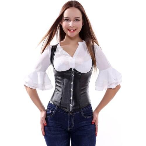 Women Gothic Steampunk Sexy Black PU Faux Leather Underbust Corsets Vest Top Bustiers Plus Size