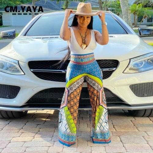 CM.YAYA Women Jumpsuit Print Sleeveless V-neck Loose Wide Leg Jumpsuits Sexy Fashion Streetwear Casual One Piece Overalls Summer