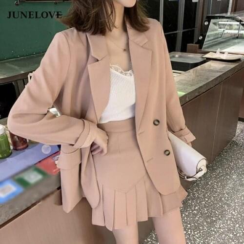 JuneLove spring Women Office Blazer Top Pleated Skirt Suits casual Work Mini Skirt Sets Sweet 2 Pieces Female Suits bottoms