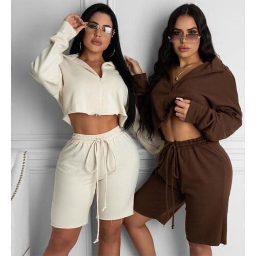 2 Pcs Women Solid Color Outfits Adults Casual Style Long Sleeve Stand Collar Crop Top + Shorts with Drawstring Trouser Clothes