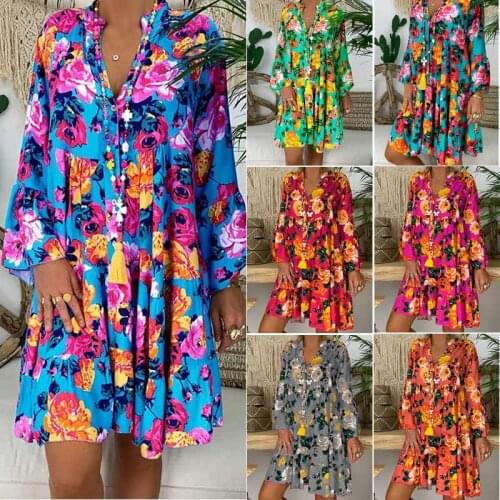 Womens V-Neck Floral Print Dress Long Sleeve Single Breasted Large Size Female Dress 2020 Summer Fashion Dresses Women Clothes