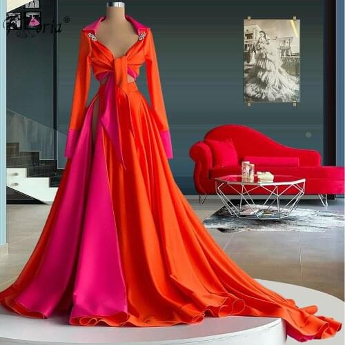 New Fashion Long Sleeves Jacket High Side Split Prom Gowns 2 pieces Evening Dress Saudi Arabia Sexy V Neck Evening Party Dress