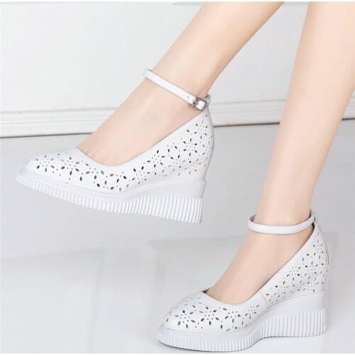 2021 Summer Mary Jane shoes Women Ankle Strap Genuine Leather Wedges High Heel Ankle Boots Female Chunky Platform Pumps Shoes