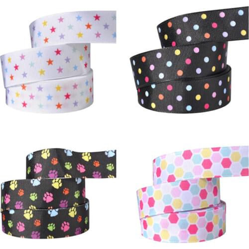 25mm Fahion Star Polka Dot printed grosgrain ribbon cartoon Dog footprint DIY Hairbows Gift Wrapping Ribbon Accessor