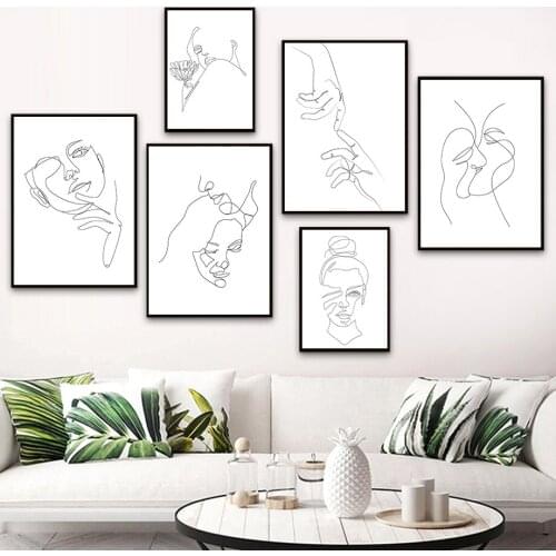 Abstract Line Woman Face Hand Kiss Hug Wall Art Canvas Painting Nordic Posters And Prints Wall Pictures For Living Room Decor