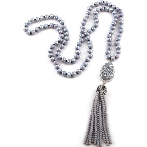 Free Shipping Bohemian Tribal Jewelry Glass Crystal long Knotted Druzy Link Crystal Tassel Necklace 3 Color