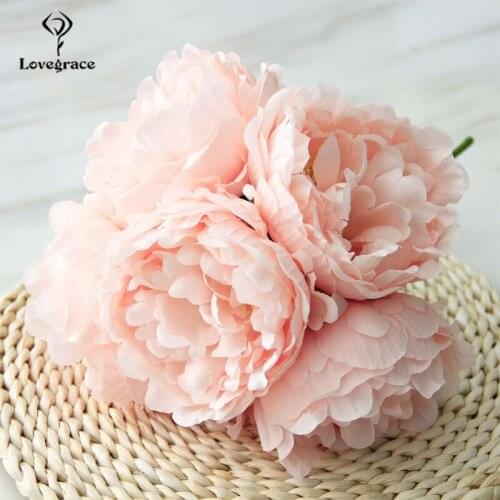 Lovegrace Peony Bouquet Bride Wedding Flower Bouquet Artificial Flower 5 Heads Silk Peony Bridesmaid Wedding Bouquets Home Decor