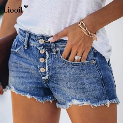 Liooil Cotton Ripped Button Up Stretch Jeans Shorts Women With Pockets Wash Distressed Low Waist Sexy Hole Skinny Denim Shorts