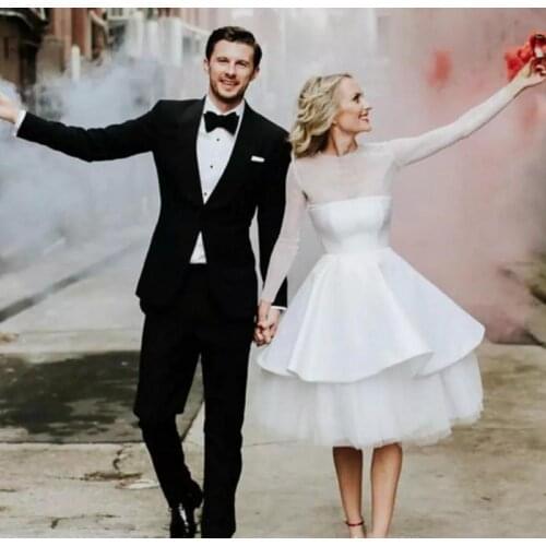 Modest Sheer Illusion Long Sleeve Short Wedding Dresses 2020 Knee Length Country Beach Casual Bridal Gowns vestidos de noiva