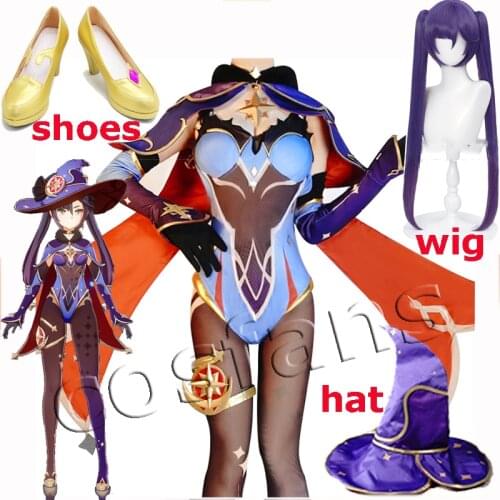 Genshin Impact Mona Megistus Astral Reflection Cosplay Costume Bodysuit Mona Cosplay Purple Long Straight Ponytails Bangs Wigs
