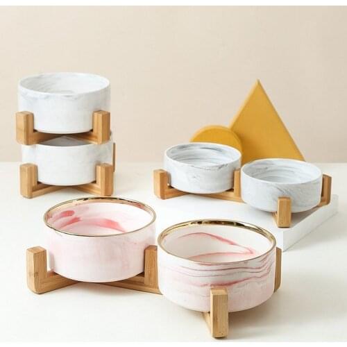 Pet Dog Bowl Water Food Drinking Feeder With Wooden Cat Bowl Protect The Cervical Spine Marbled Ceramic Double Bowl For Big Dogs