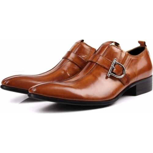 Large Size EUR45 Brown / Black Pointed Toe Loafers Men Dress Shoes Genuine Leather Business Shoes Male Wedding Groom Shoes