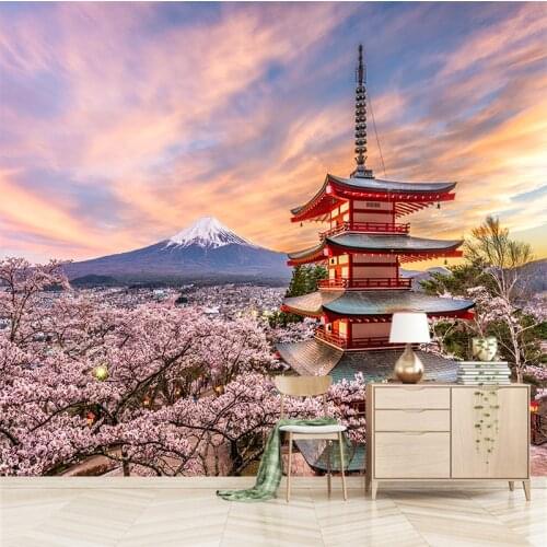 Custom any size 3D wall mural wallpapers Modern fashion Cherry Blossoms, Towers, Mount Fuji YBZ076