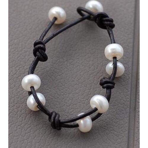 New Arrival Favorite Pearl Jewelry Black Leather Genuine Freshwater Pearl Bracelet Wedding Brides Brdesmaids Girl Women Gifts