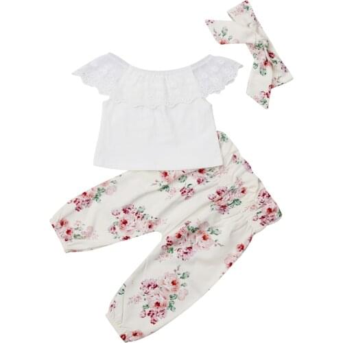 New Arrivels Autumn Newborn Baby Girls Lace Tops Shirt Floral Pants Outfits Set Summer Clothes 0-24M