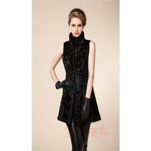 Genuine karakul sheep fur vest black colorant lambs fur long vest design 2016