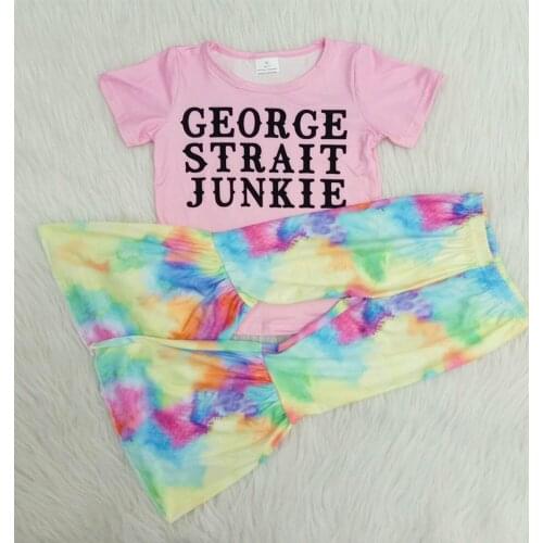 Popular kids tie dye outfit girl summer short sleeve top and colorful bell pants 2 pieces set boutique girl outfit with letters