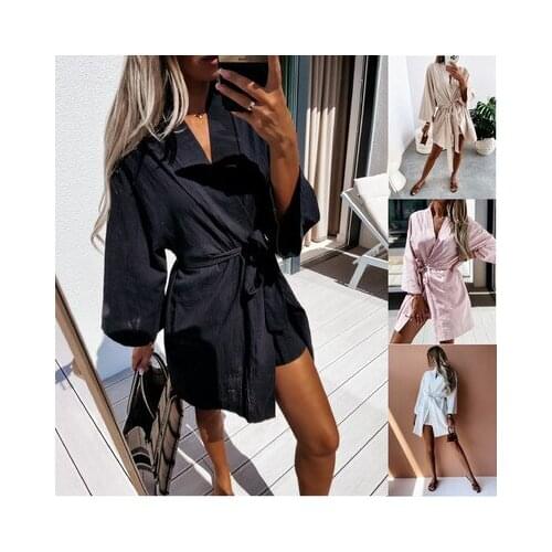 Casual Dress Loose Autumn Shirt Dress Women Long Sleeve Bow Tie Female Wrap Dress Streetwear Ladies Solid Party Midi Dress 2021