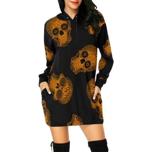 Casual Skull Print Long Hoodies Women Autumn Hoody Long Sleeve Loose Sweatshirt Halloween Lady Drawstring Pocket Pullover Hoodie